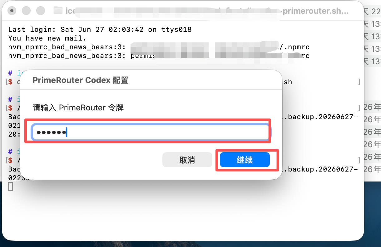 输入 PrimeRouter 令牌